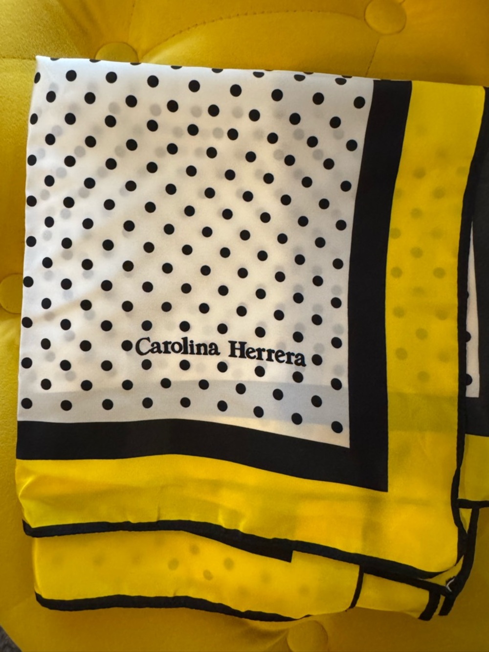 Carolina Herrera Black & White Polka Dot Silk Scarf with Yellow Trim